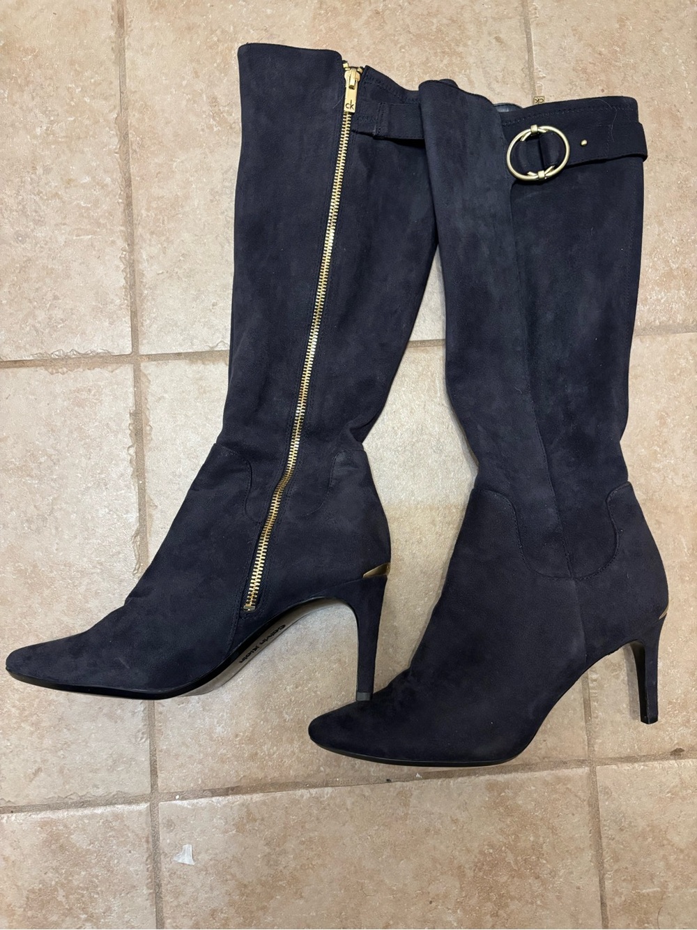 Calvin Klein Navy  Suede Knee-High Boots with Gold Hardware